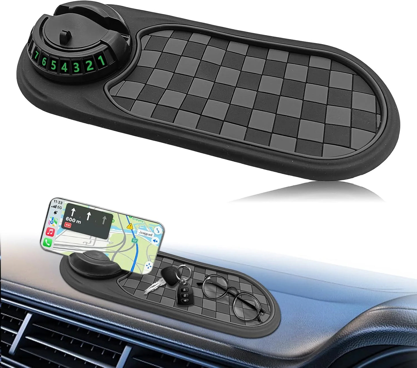 Universal Multifunction Anti-Slip Car Dashboard Mat, Rotatable Car Phone Holder Dashboard Pad with Temporary Parking Number, and