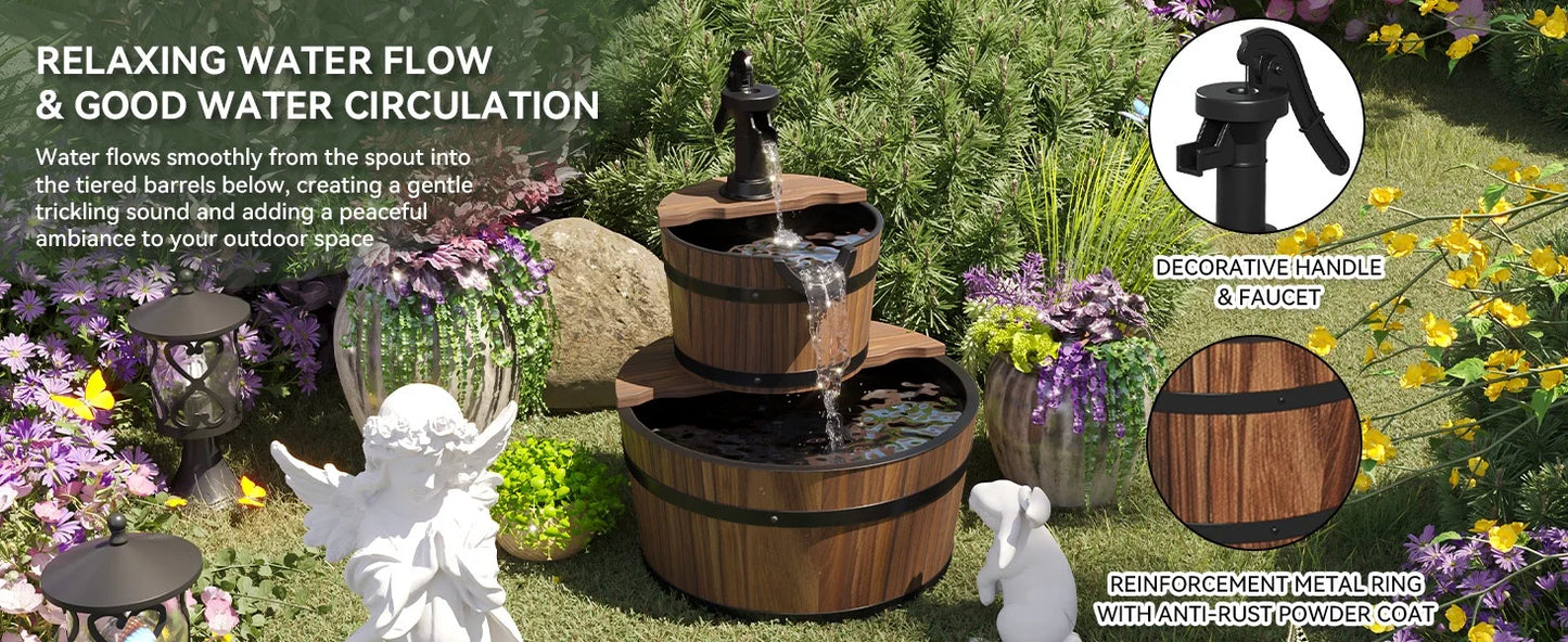 Nordivale 2 Tier Outdoor Water Fountain Wood Barrel Cascading Electric Decorative Hand Pump Rustic Waterfall for Garden Backyard Patio Porch Yard