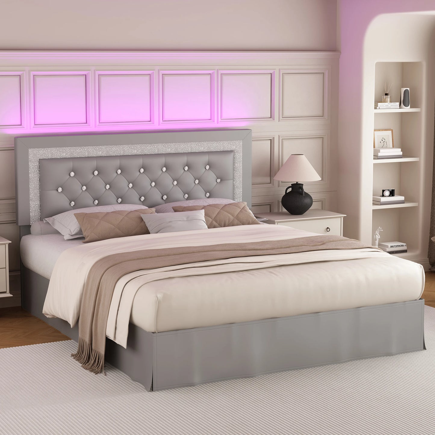 SIBEDS LED Bed Frame With Adjustable Headboard And Linen
