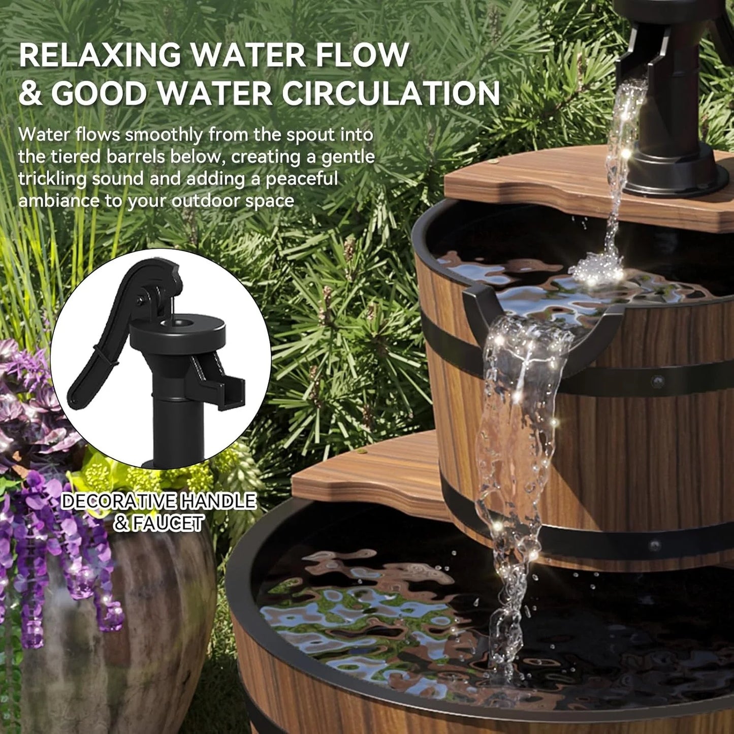 Nordivale 2 Tier Outdoor Water Fountain Wood Barrel Cascading Electric Decorative Hand Pump Rustic Waterfall for Garden Backyard Patio Porch Yard