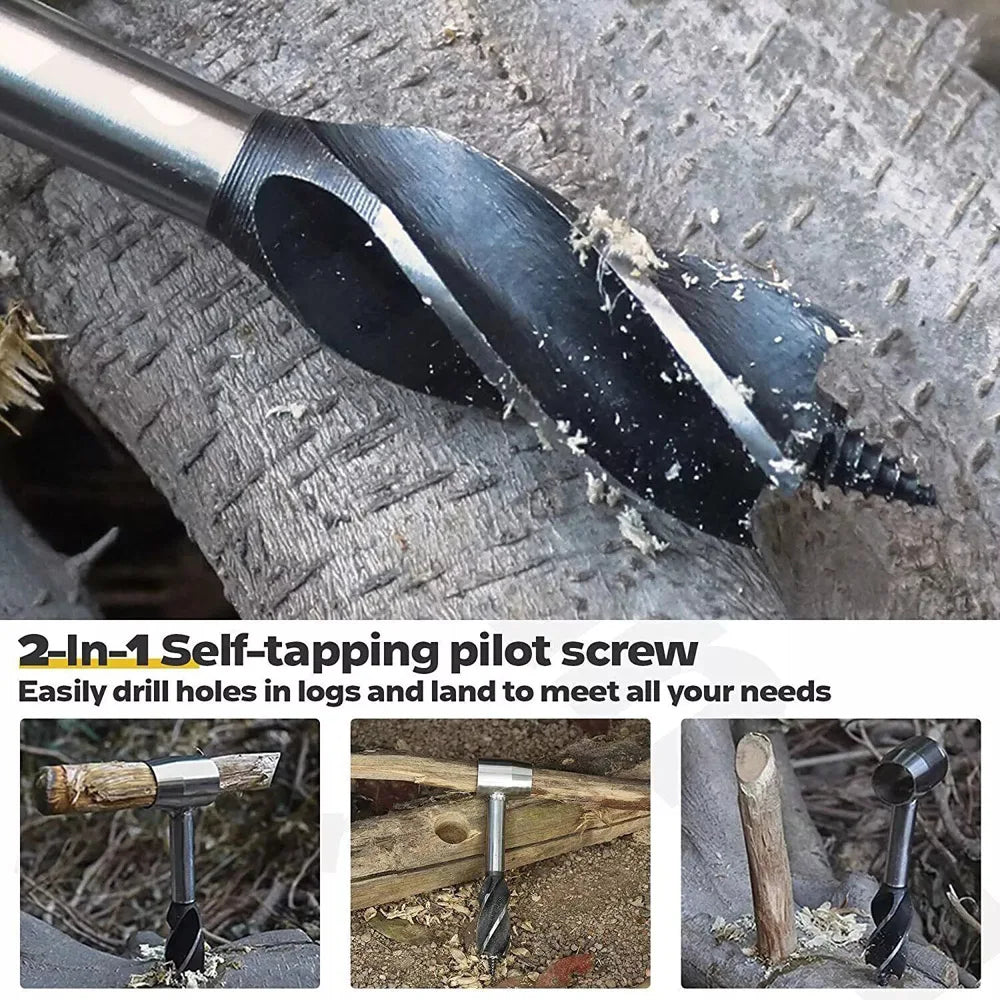 Manual Wood Auger Hand Drill Wrench Bushcraft Survival Tool for Camping Shelter Building Peg Making with Carrying Sheath