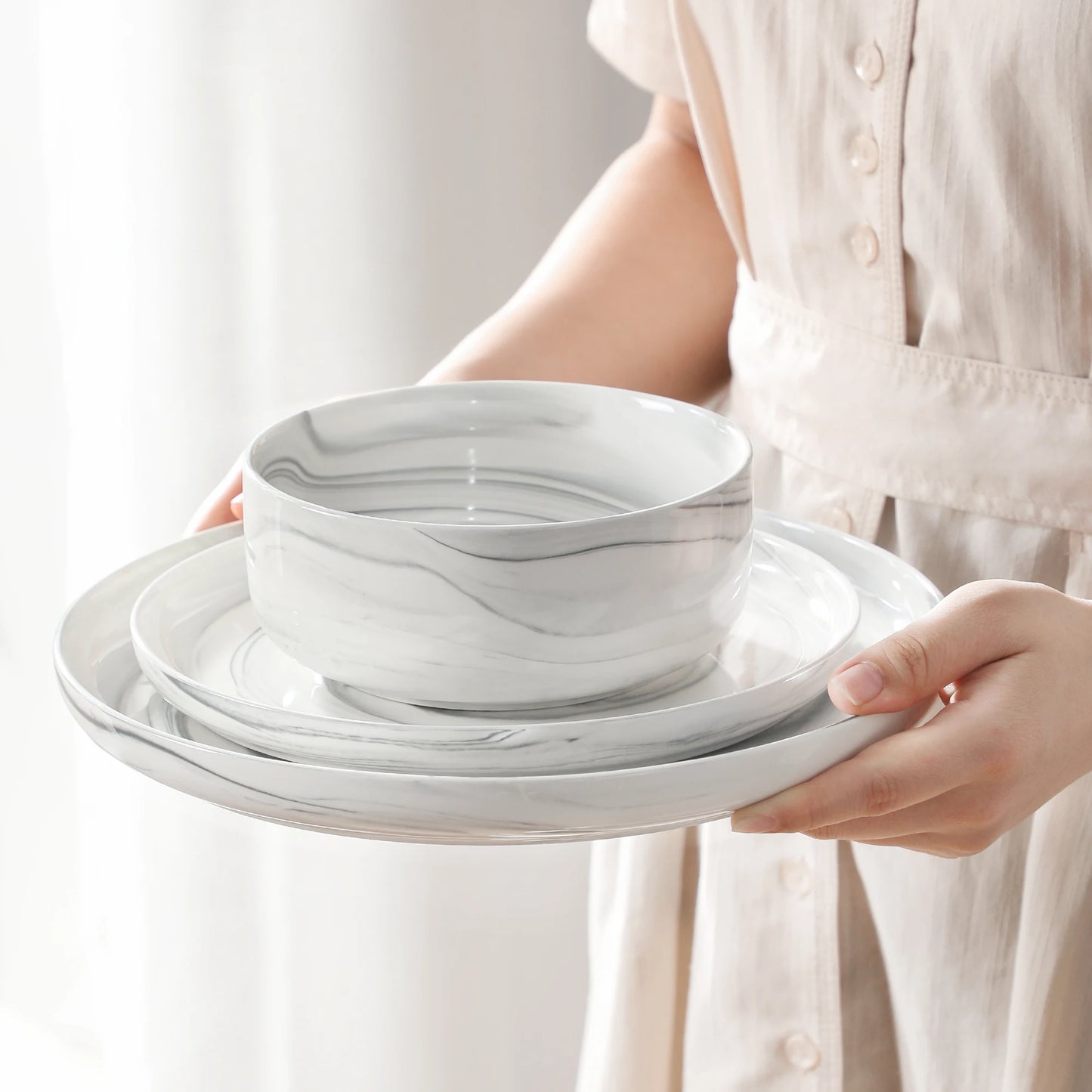 MALACASA Luna Series 24-Piece Marble Porcelain Dinnerware Set with 8 Pcs Dinner/Dessert Plates, Bowl Tableware Set Service for 4