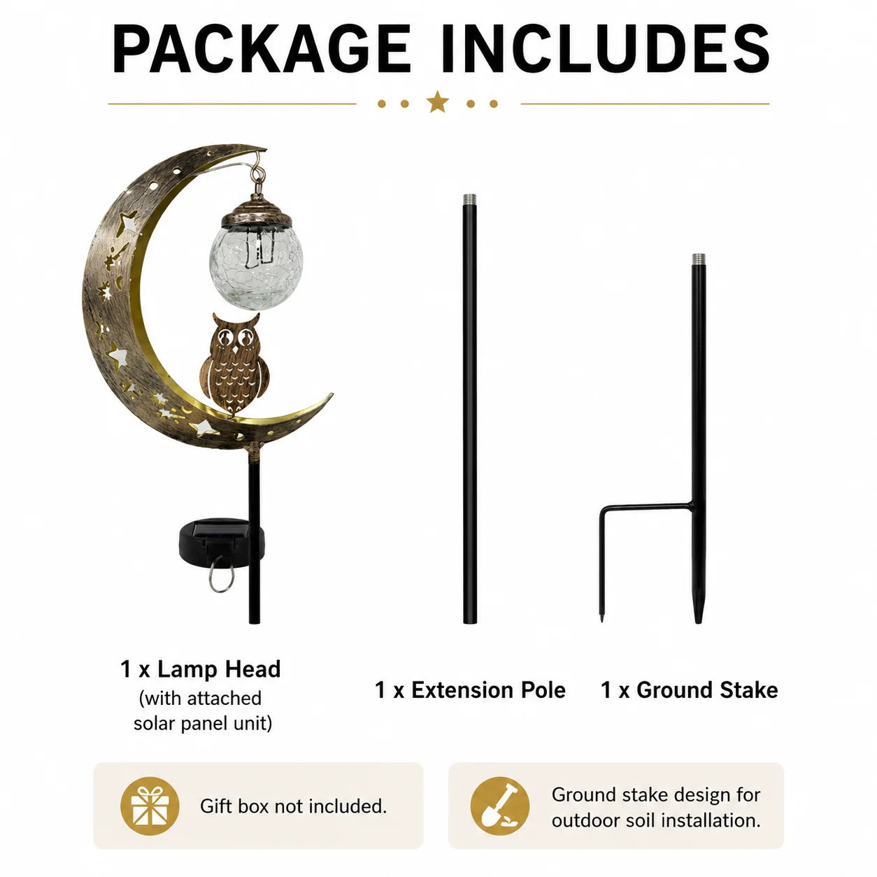 Solar Moon Ground Light With Decorative Owl And Glass