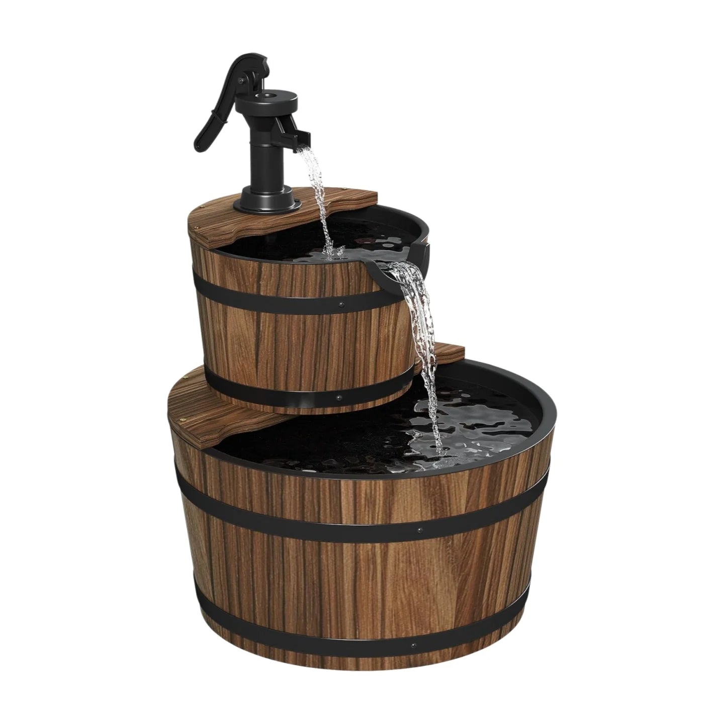 Nordivale 2 Tier Outdoor Water Fountain Wood Barrel Cascading Electric Decorative Hand Pump Rustic Waterfall for Garden Backyard Patio Porch Yard