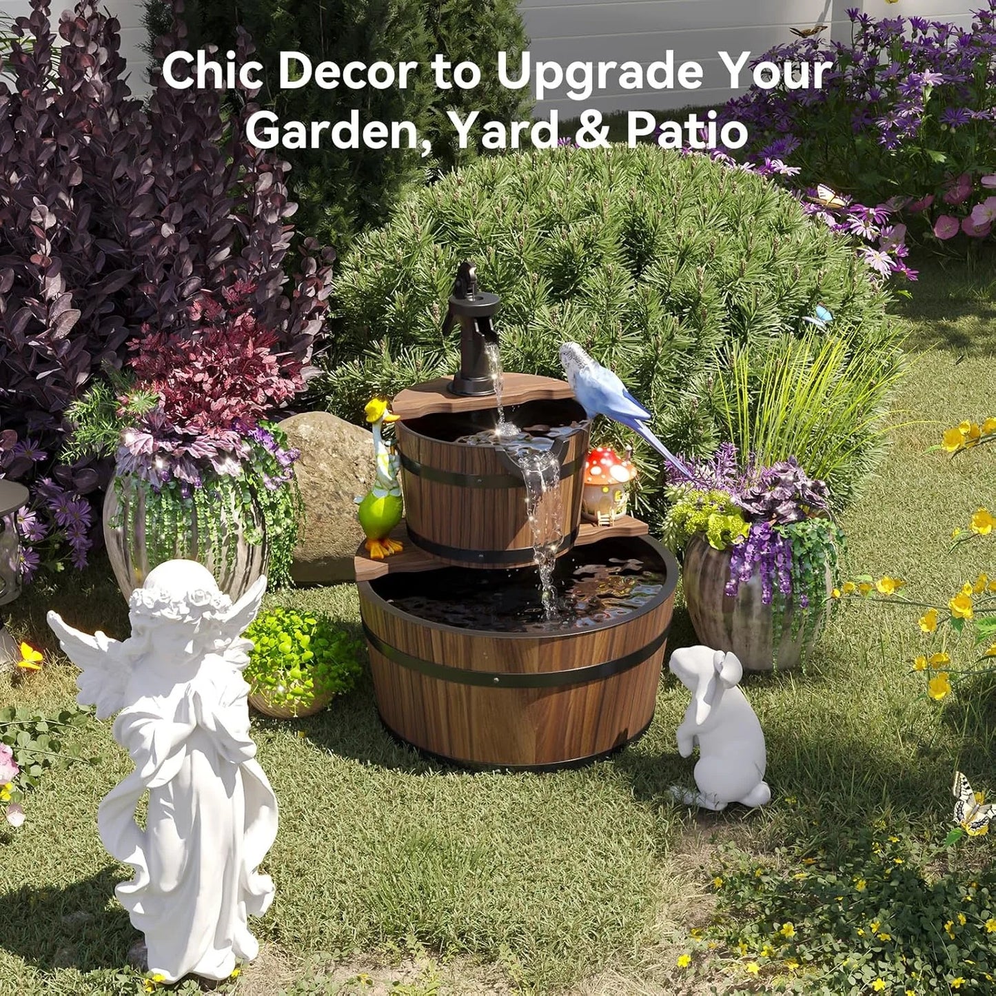 Nordivale 2 Tier Outdoor Water Fountain Wood Barrel Cascading Electric Decorative Hand Pump Rustic Waterfall for Garden Backyard Patio Porch Yard