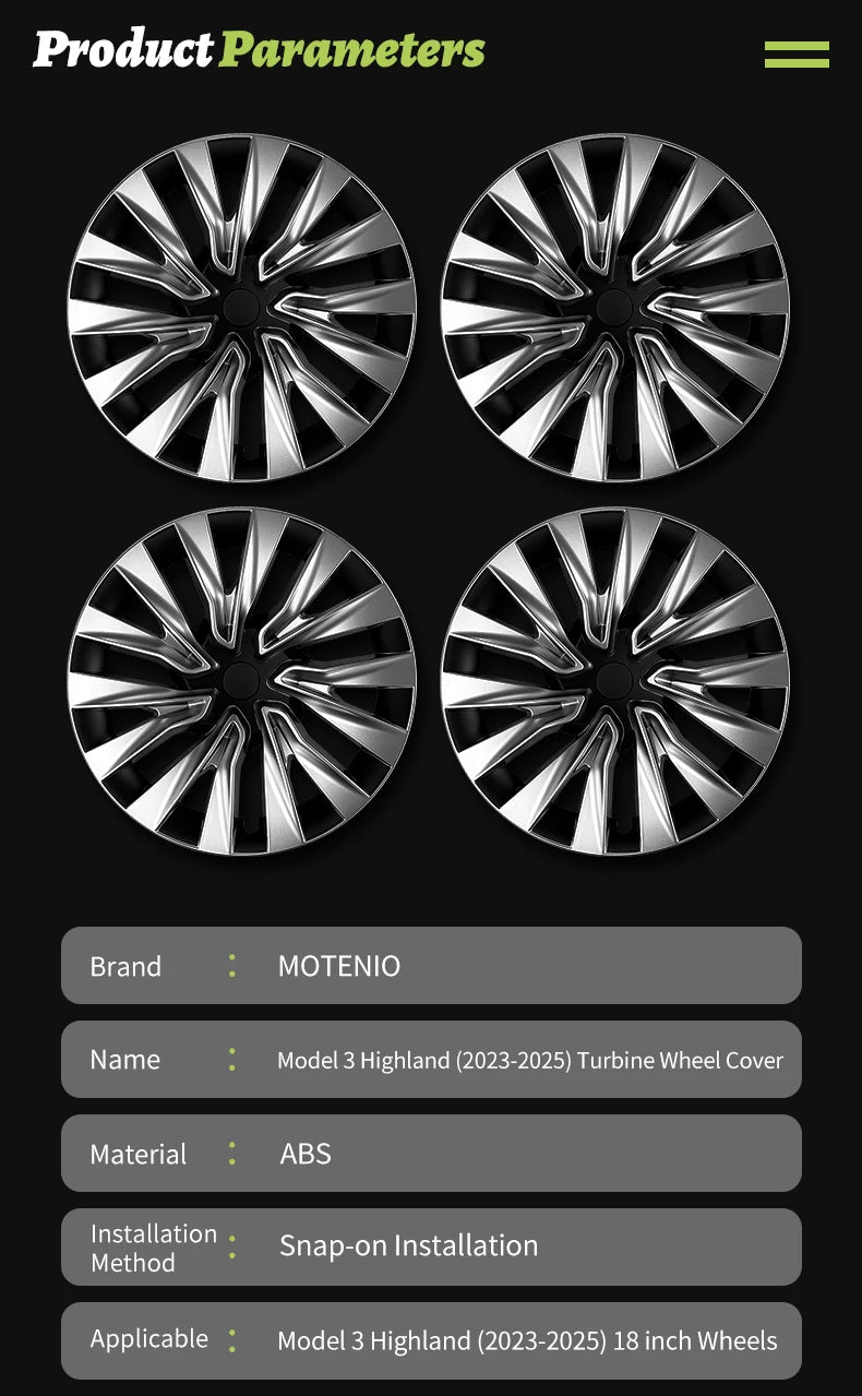 4PCS Wheel Cap 18 Inch Turbine Automobile Hubcap for Tesla Model 3 Highland 2024-2026 Hub Cap Performance Replacement for Tesla