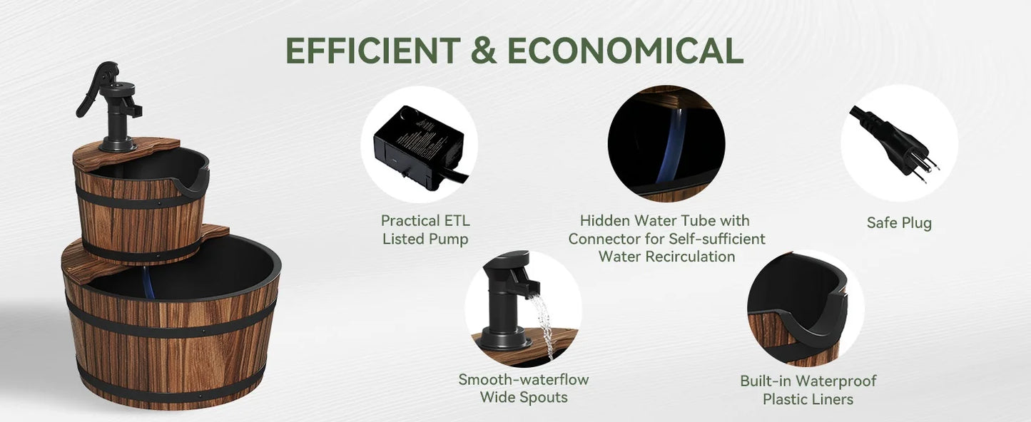 Nordivale 2 Tier Outdoor Water Fountain Wood Barrel Cascading Electric Decorative Hand Pump Rustic Waterfall for Garden Backyard Patio Porch Yard