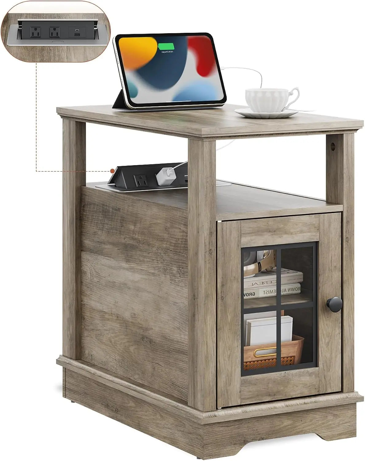 Farmhouse End Table With Smart Charging Station And Storage