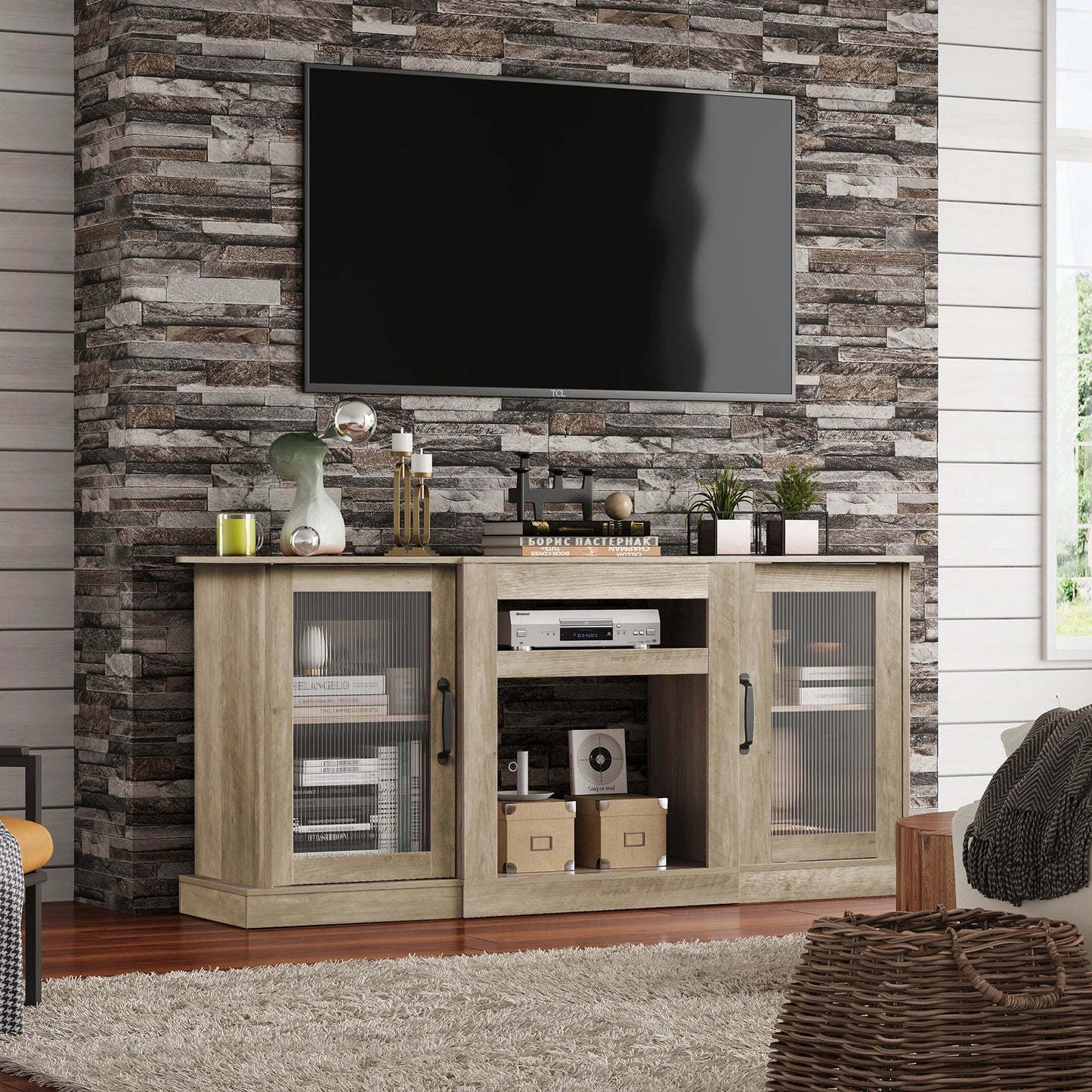 58" Farmhouse TV Stand for 65/60/55 Inch TVs, Tall Entertainment Center with Storage Cabinets & Adjustable Shelves, Modern Media Console Table with Acrylic Doors for Living Room Bedroom, Greige
