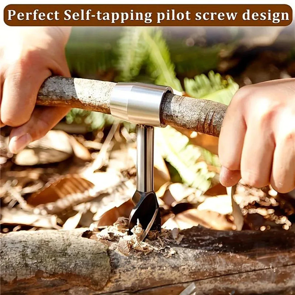 Manual Wood Auger Hand Drill Wrench Bushcraft Survival Tool for Camping Shelter Building Peg Making with Carrying Sheath