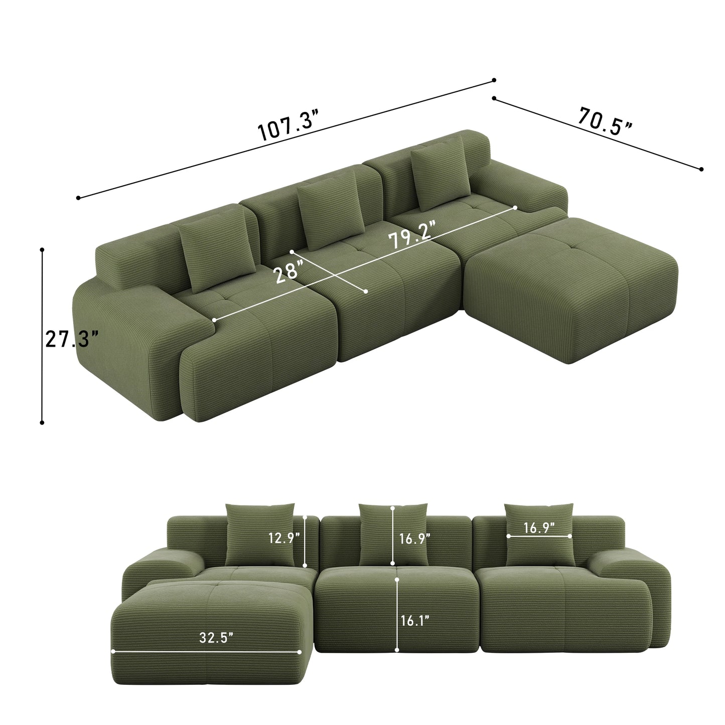 Modern L Shape Corduroy Modular Sectional Sofa Living Room