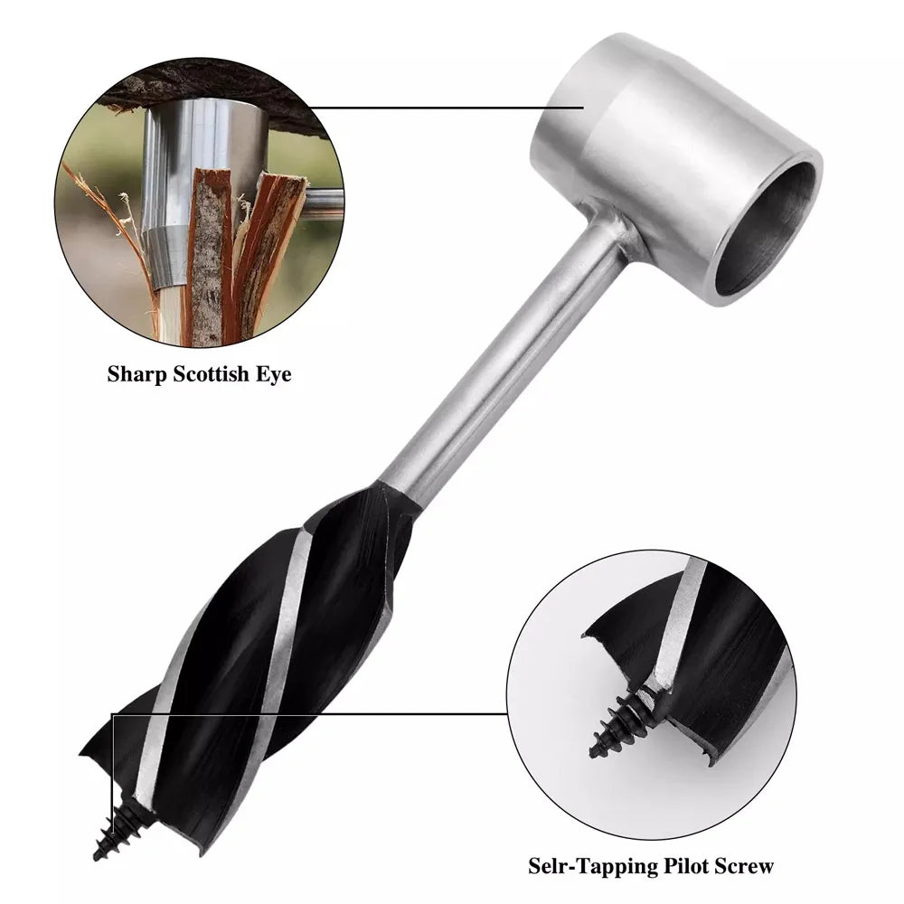 Manual Wood Auger Hand Drill Wrench Bushcraft Survival Tool for Camping Shelter Building Peg Making with Carrying Sheath