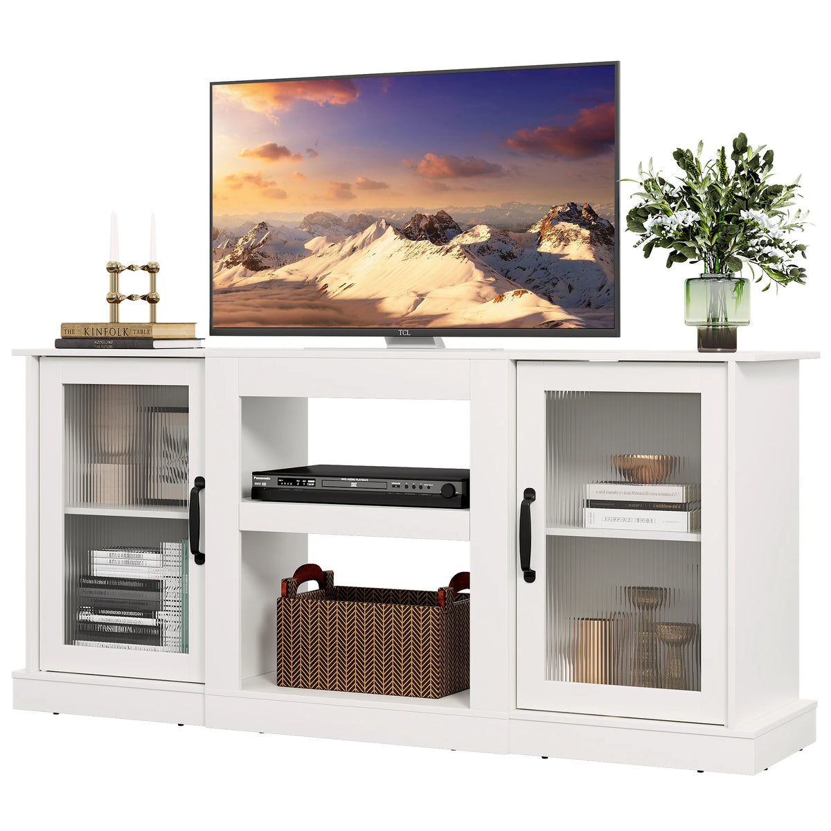 58" Farmhouse TV Stand for 65/60/55 Inch TVs, Tall Entertainment Center with Storage Cabinets & Adjustable Shelves, Modern Media Console Table with Acrylic Doors for Living Room Bedroom, Greige