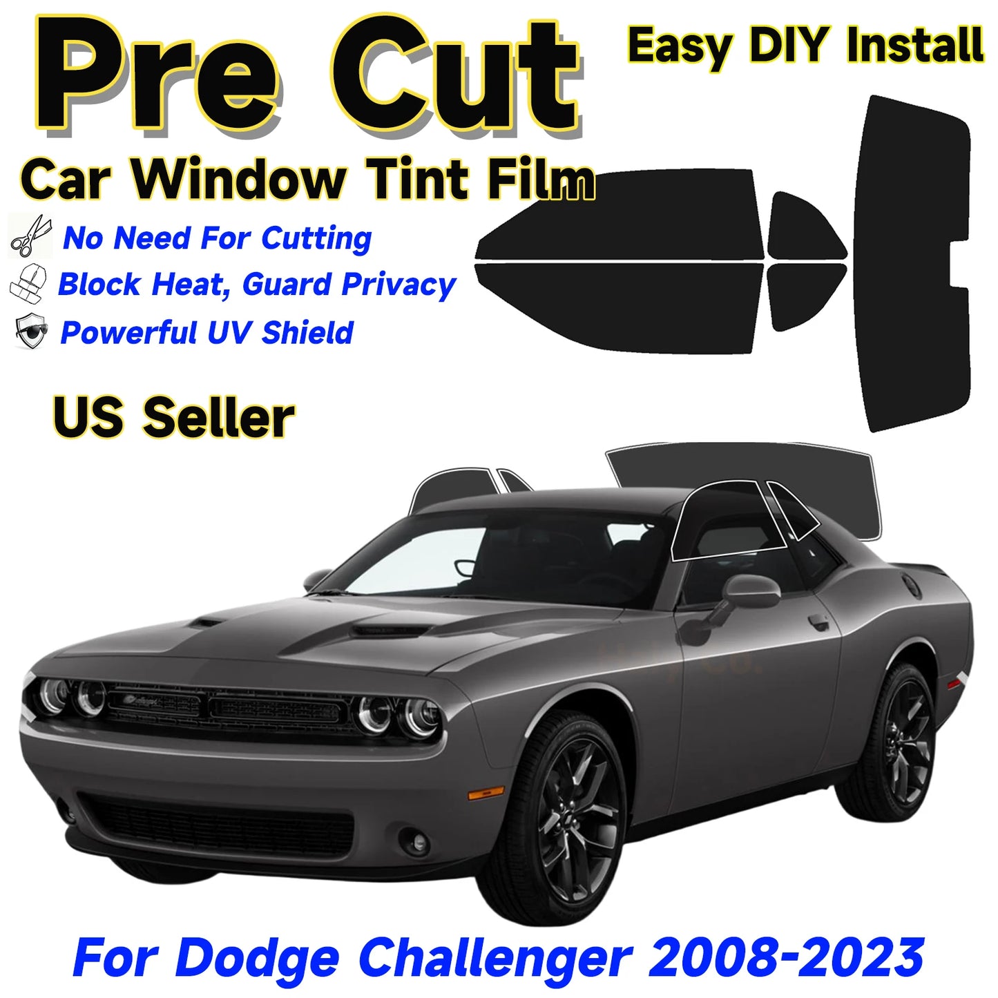 Window Tint Film PreCut For Dodge Challenger 2008-2023 Auto Sticker Sun Heat 2Ply Anti-Shatter, UV Blocking,Privacy Protection