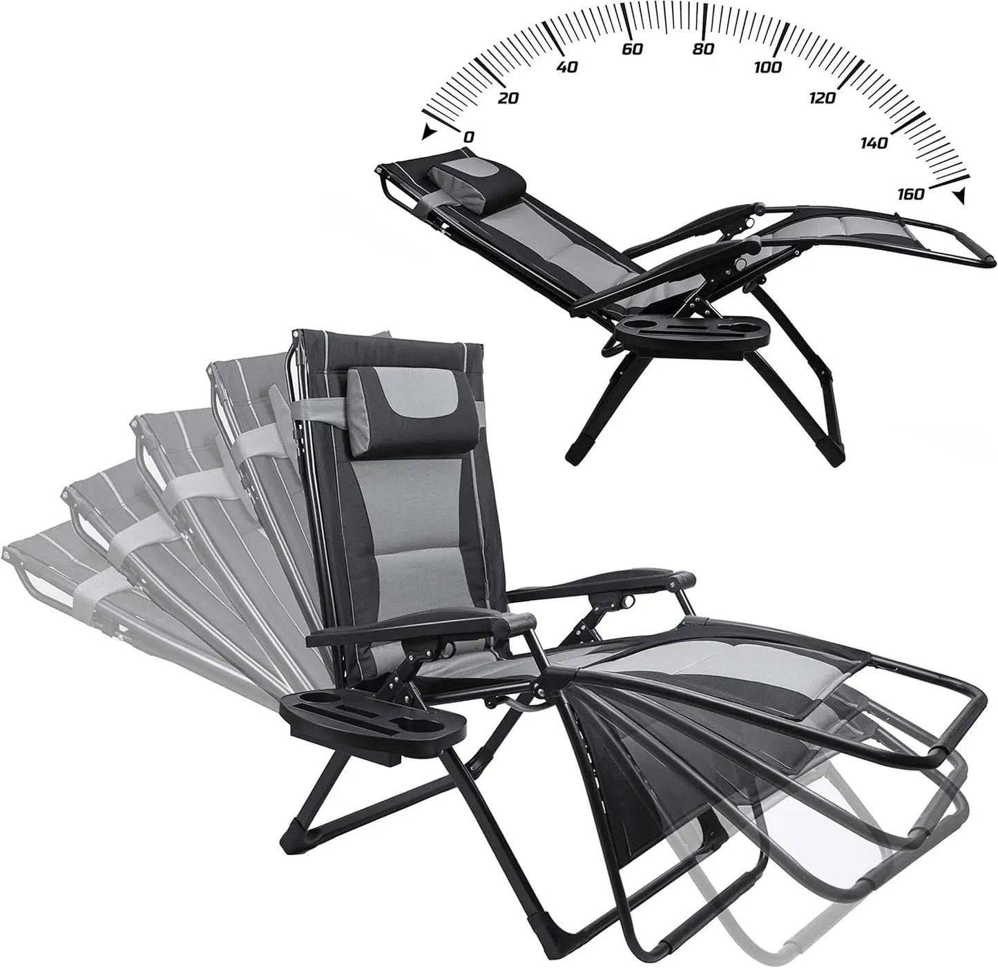 XXL Oversize Recliner Folding Chair for Camping Patio Outdoors Zero Gravity Extra Wide Reclining Padded Seats with Sunshade and