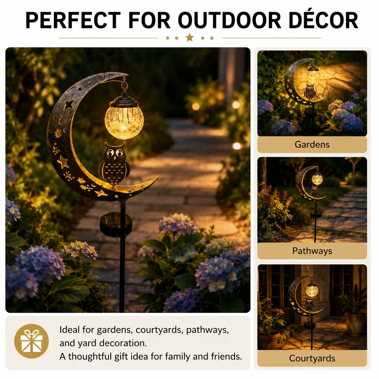 Solar Moon Ground Light With Decorative Owl And Glass