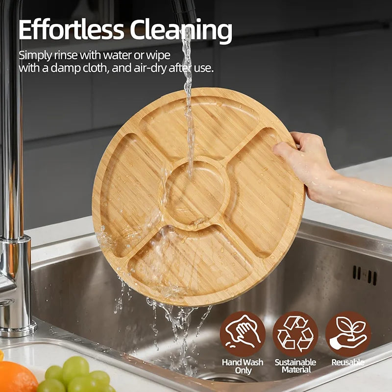 Premium Bamboo Fruit Tray With Five Separate Compartments