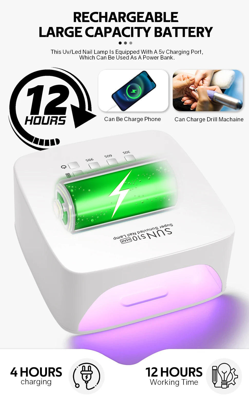 Rechargable UV LED Nail Lamp Dryer With HD Display Smart Nail Drying Lamp for Fast Dry Curing All Gel Nail Polish Manicure Tools