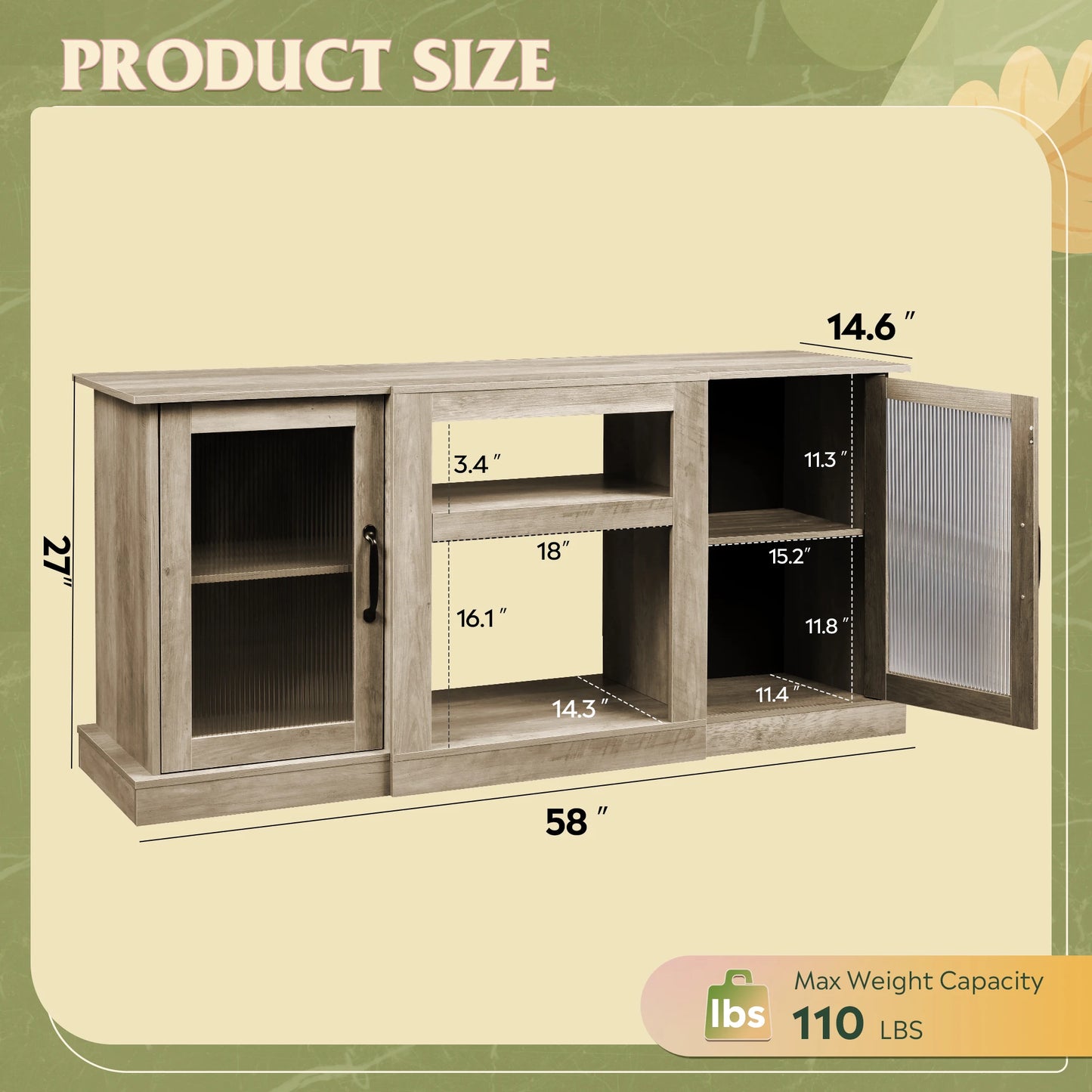 58" Farmhouse TV Stand for 65/60/55 Inch TVs, Tall Entertainment Center with Storage Cabinets & Adjustable Shelves, Modern Media Console Table with Acrylic Doors for Living Room Bedroom, Greige