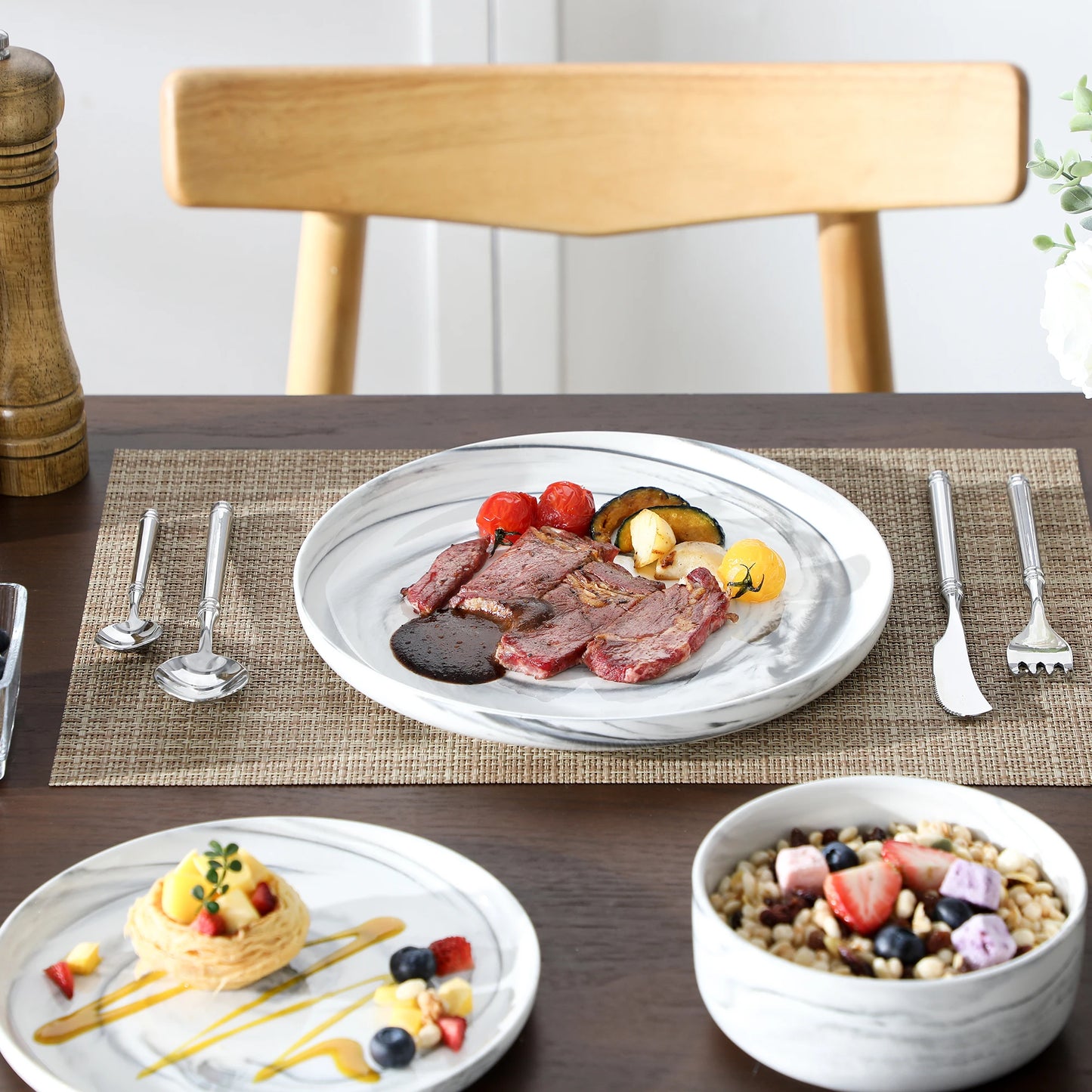 MALACASA Luna Series 24-Piece Marble Porcelain Dinnerware Set with 8 Pcs Dinner/Dessert Plates, Bowl Tableware Set Service for 4