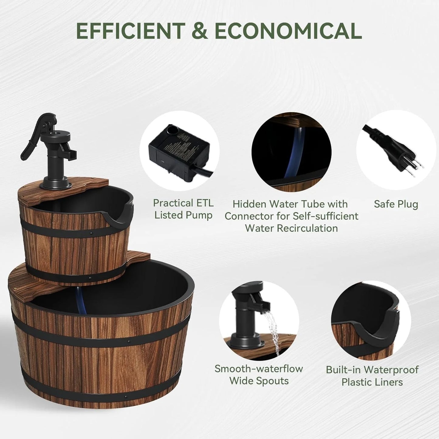 Nordivale 2 Tier Outdoor Water Fountain Wood Barrel Cascading Electric Decorative Hand Pump Rustic Waterfall for Garden Backyard Patio Porch Yard