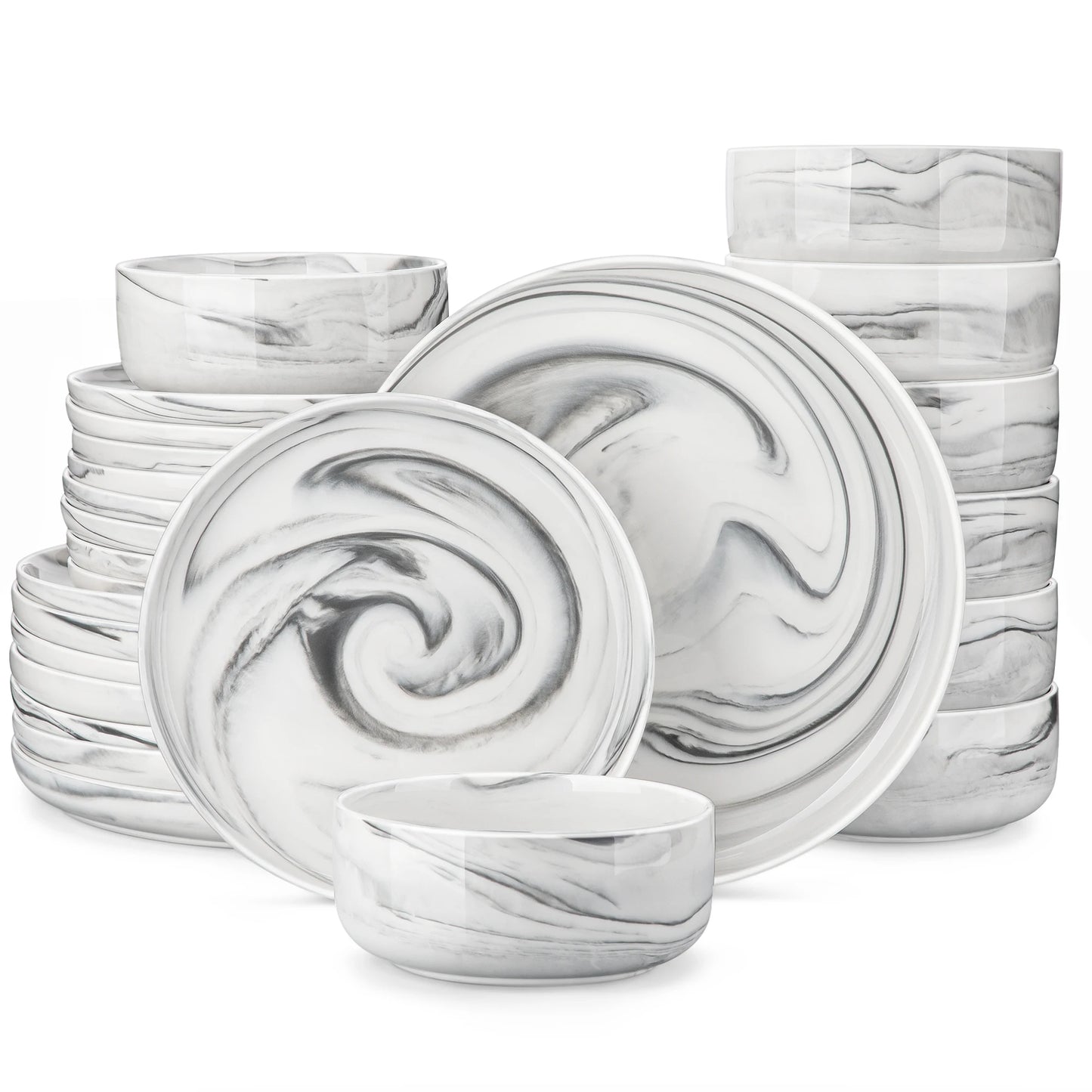 MALACASA Luna Series 24-Piece Marble Porcelain Dinnerware Set with 8 Pcs Dinner/Dessert Plates, Bowl Tableware Set Service for 4