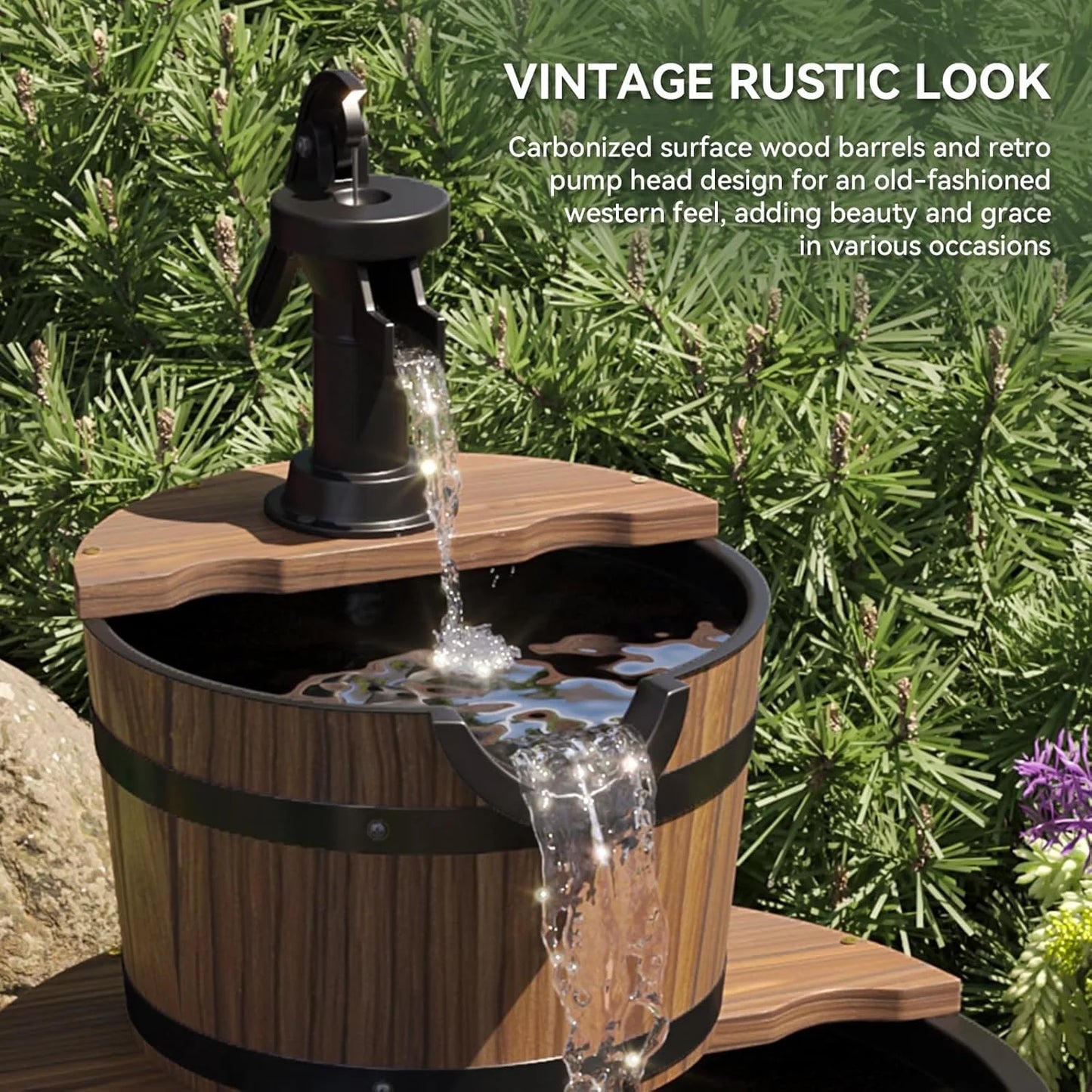 Nordivale 2 Tier Outdoor Water Fountain Wood Barrel Cascading Electric Decorative Hand Pump Rustic Waterfall for Garden Backyard Patio Porch Yard