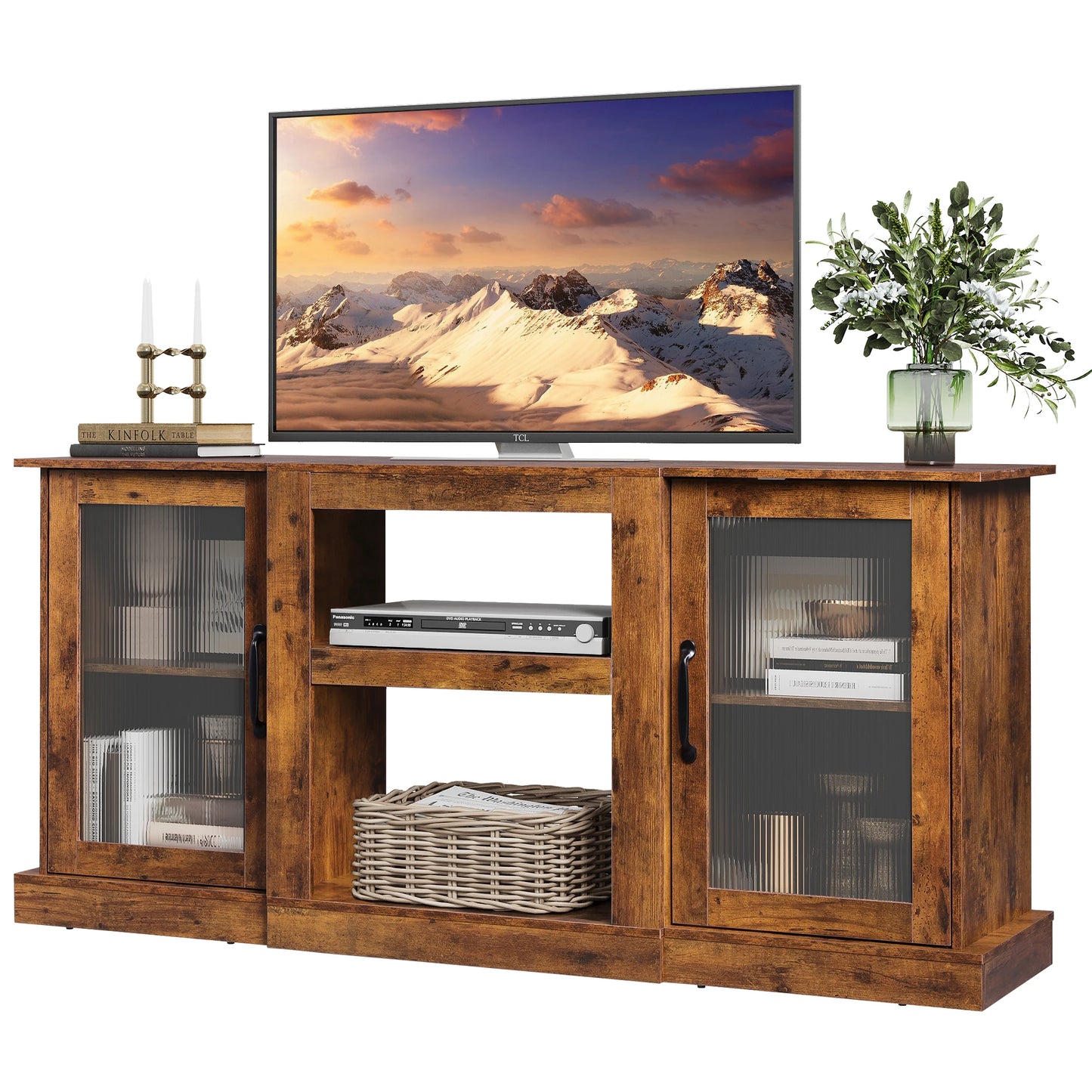 58" Farmhouse TV Stand for 65/60/55 Inch TVs, Tall Entertainment Center with Storage Cabinets & Adjustable Shelves, Modern Media Console Table with Acrylic Doors for Living Room Bedroom, Greige
