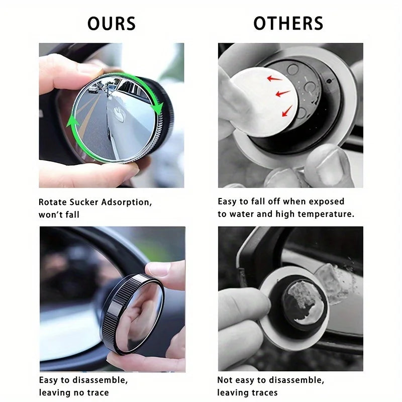 2Pcs Wide Angle Rearview Mirror 360 Degree 2 Inch With Suction Cup For Cars SUV Trucks Black
