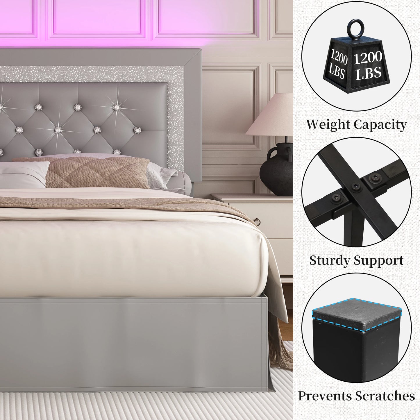 SIBEDS LED Bed Frame With Adjustable Headboard And Linen