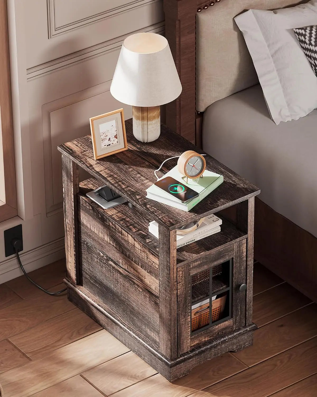 Farmhouse End Table With Smart Charging Station And Storage