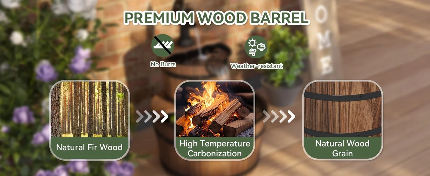 Nordivale 2 Tier Outdoor Water Fountain Wood Barrel Cascading Electric Decorative Hand Pump Rustic Waterfall for Garden Backyard Patio Porch Yard