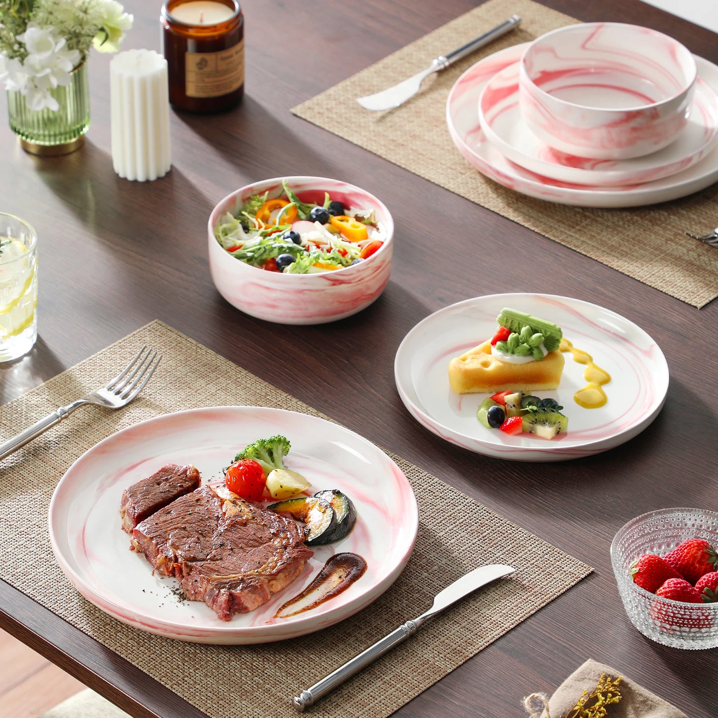 MALACASA Luna Series 24-Piece Marble Porcelain Dinnerware Set with 8 Pcs Dinner/Dessert Plates, Bowl Tableware Set Service for 4
