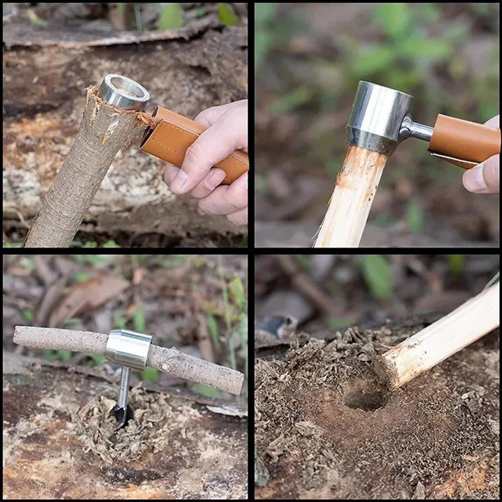 Manual Wood Auger Hand Drill Wrench Bushcraft Survival Tool for Camping Shelter Building Peg Making with Carrying Sheath