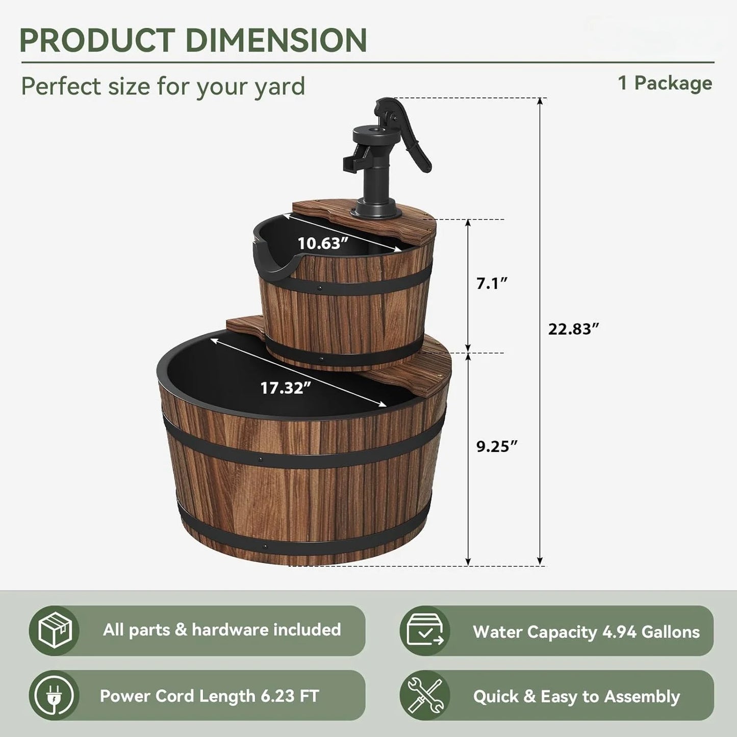 Nordivale 2 Tier Outdoor Water Fountain Wood Barrel Cascading Electric Decorative Hand Pump Rustic Waterfall for Garden Backyard Patio Porch Yard