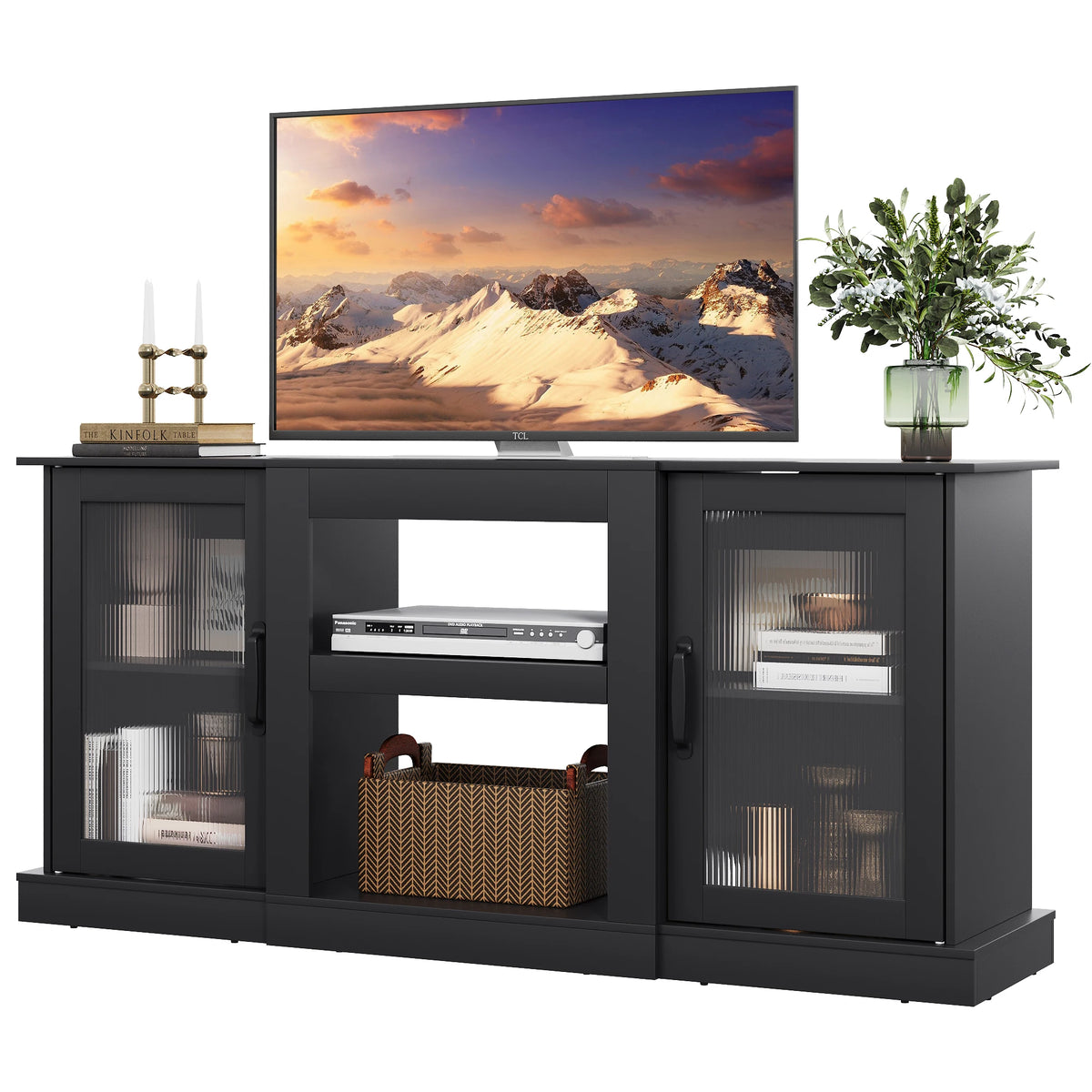 58" Farmhouse TV Stand for 65/60/55 Inch TVs, Tall Entertainment Center with Storage Cabinets & Adjustable Shelves, Modern Media Console Table with Acrylic Doors for Living Room Bedroom, Greige