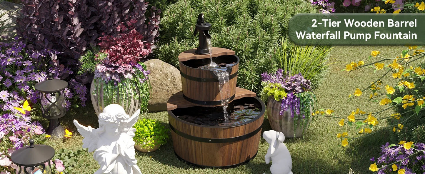 Nordivale 2 Tier Outdoor Water Fountain Wood Barrel Cascading Electric Decorative Hand Pump Rustic Waterfall for Garden Backyard Patio Porch Yard