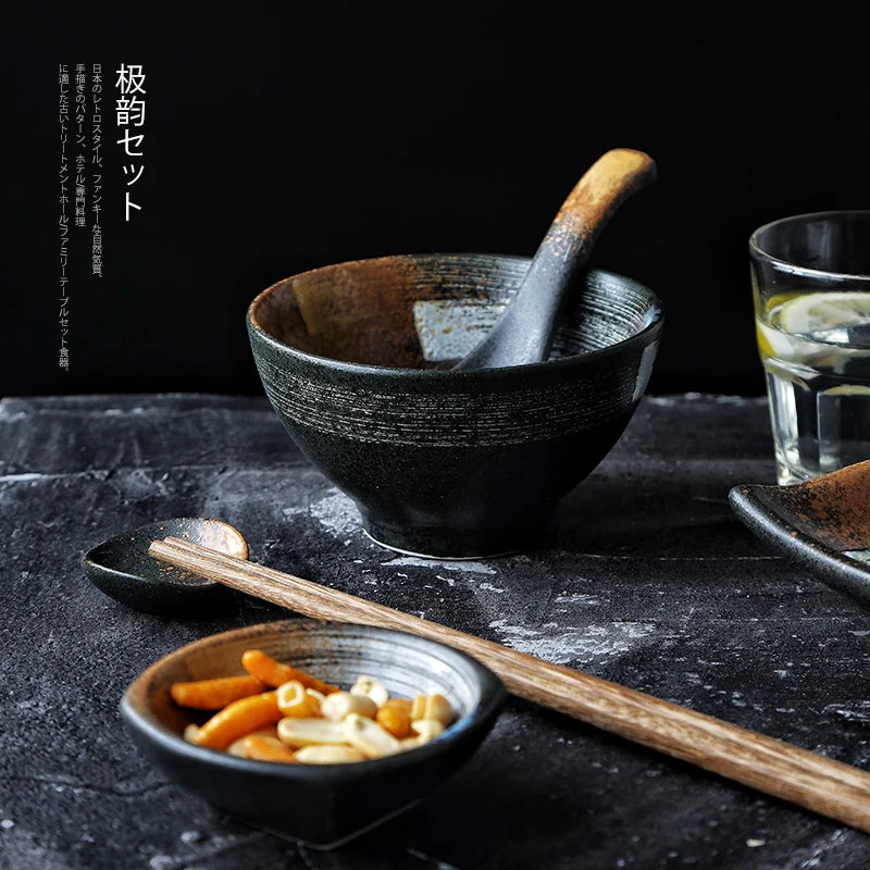 ANTOWALL Japanese Dinner Set Ceramic Retro Japanese Tableware Set Frosted Texture Bowl Dish Home Flat Plate Restaurant Hotelware