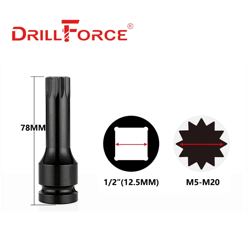 Drillforce 1/2" Drive Impact Spline Socket Bit Wrench Pneumatic Adapter M5/M6/M7/M8/M9/M10/M11/M12/M13/M14/M15/M16/M17/M18/M20