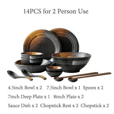 ANTOWALL Japanese Dinner Set Ceramic Retro Japanese Tableware Set Frosted Texture Bowl Dish Home Flat Plate Restaurant Hotelware