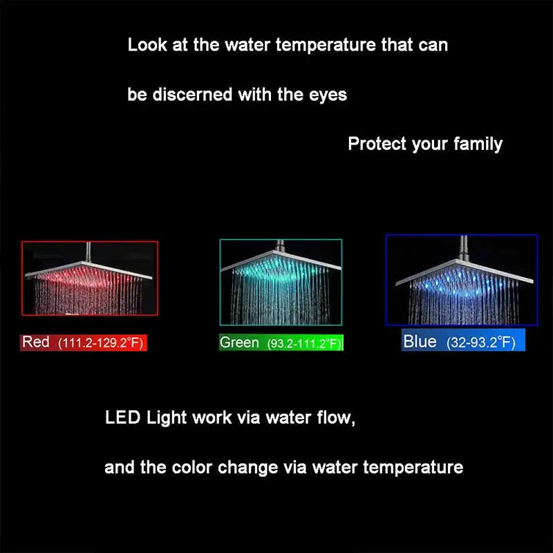 Matte Black Rain Shower Head LED Changing 16" Square Brass Shower Head Faucet Bathroom Accessory Top Over-head Shower Sprayer