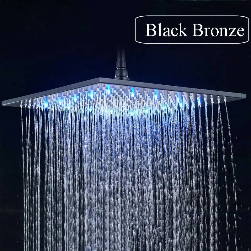 Matte Black Rain Shower Head LED Changing 16" Square Brass Shower Head Faucet Bathroom Accessory Top Over-head Shower Sprayer