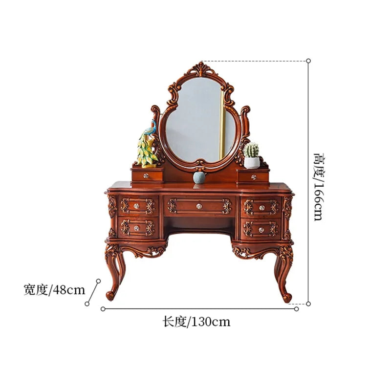 European dresser solid wood carving flower princess bedroom dressing table assembly dark retro American dressing table small apa
