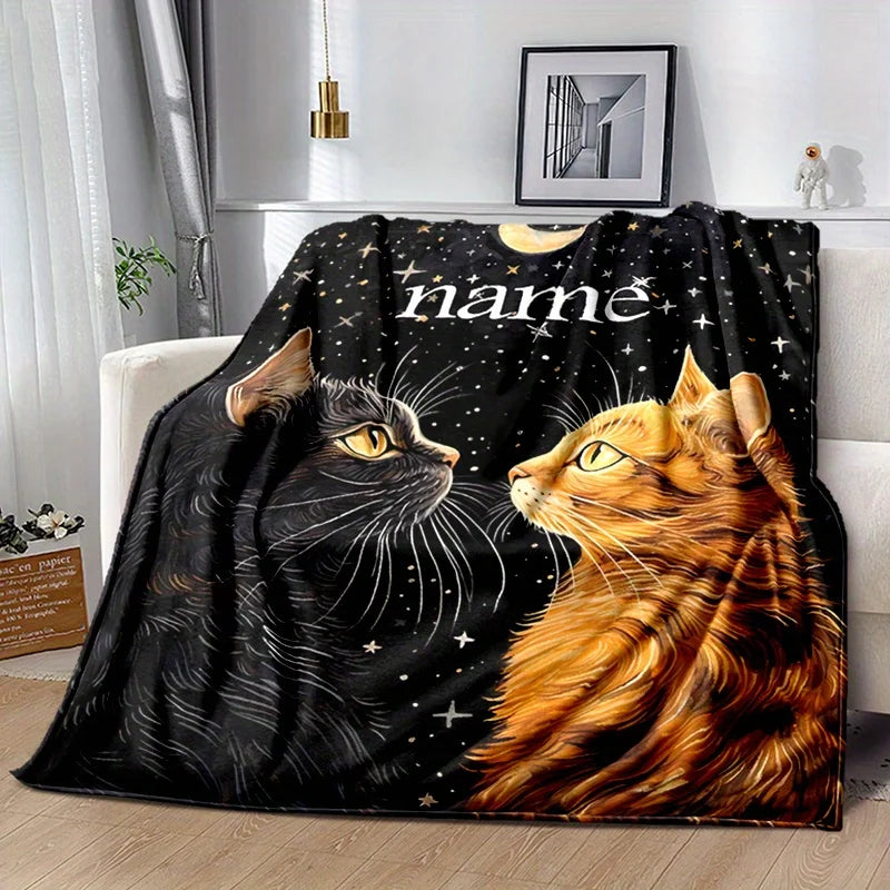 A personalized polyester flannel blanket with customizable names, featuring black and orange cats, thick weaving, all season sof