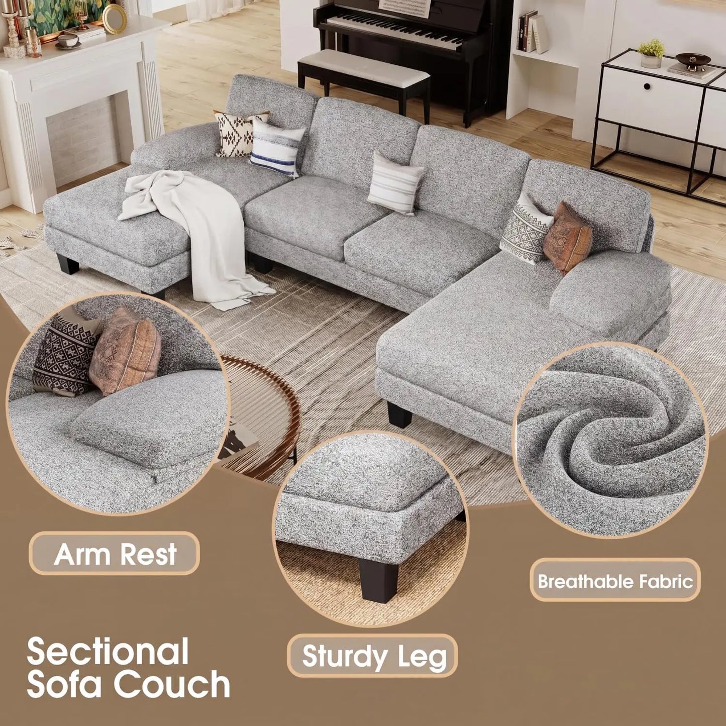 Sectional Couches for Living Room, U-Shaped Sofa Couch with Linen Fabric, 4 Seat Sofa Set with Double Chaise for, Custom