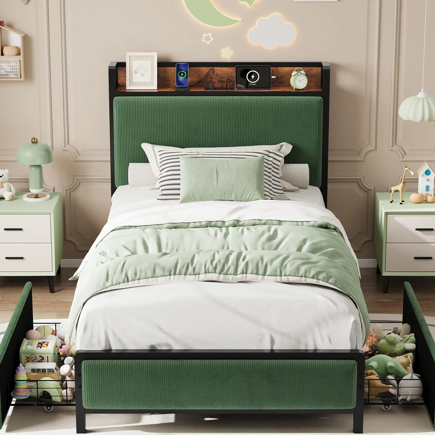 Mid Century Modern Platform Bed Frame With Charging Station