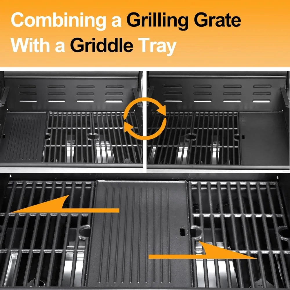 Propane Gas Grill with Side Burner 4 Main Burners 49000 BTU Stainless Steel Lid Cast Iron Grids Easy Clean Grease