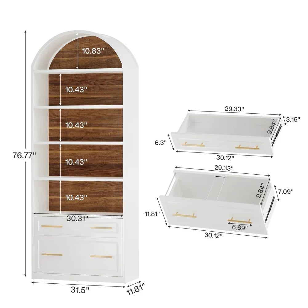 l Arched Bookcase Set of 2, 5-Tier Bookshelf with File Cabinet Drawer, Modern Freestanding Wooden, Customized