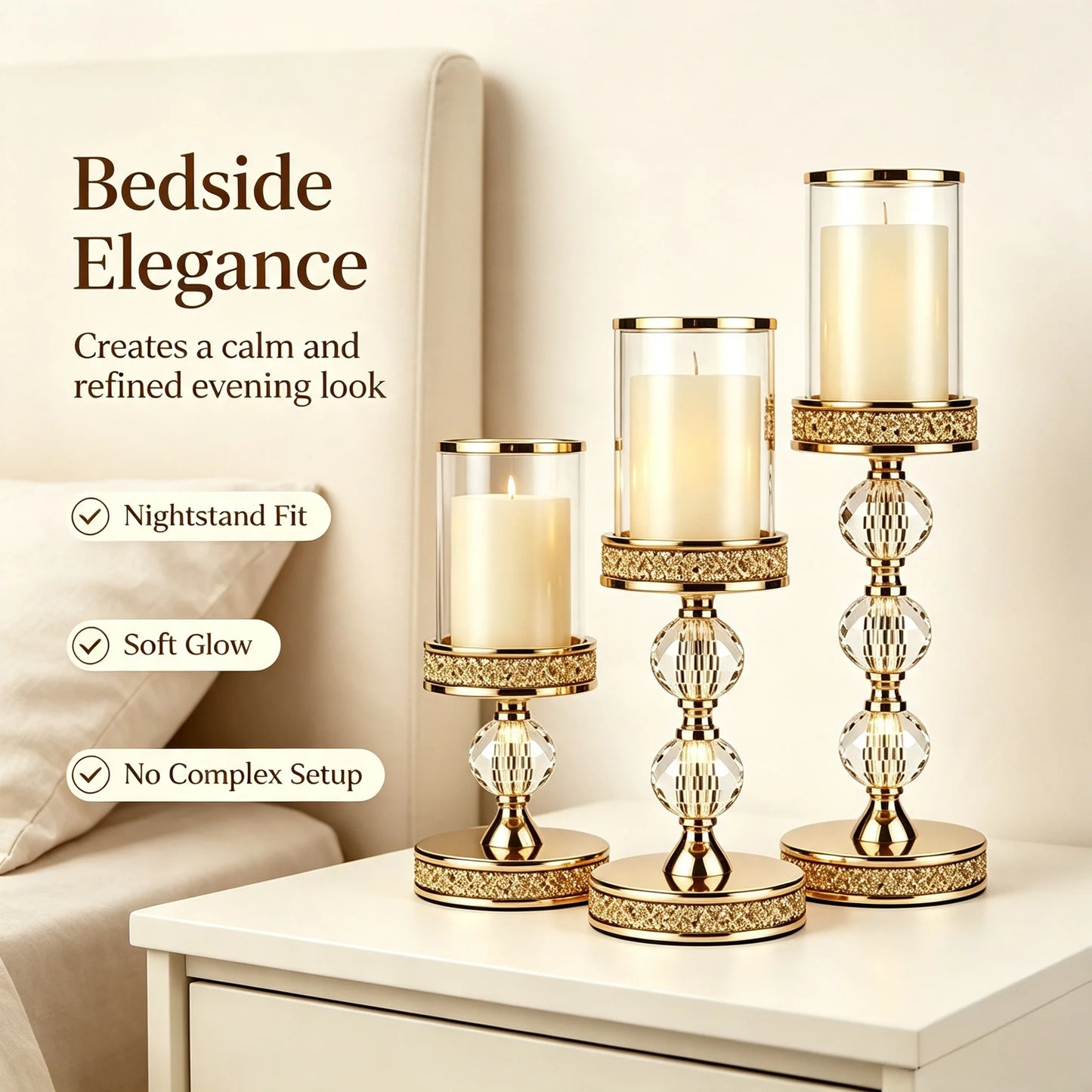 Modern Metal Candlestick Holders With Glass Shield And Beads