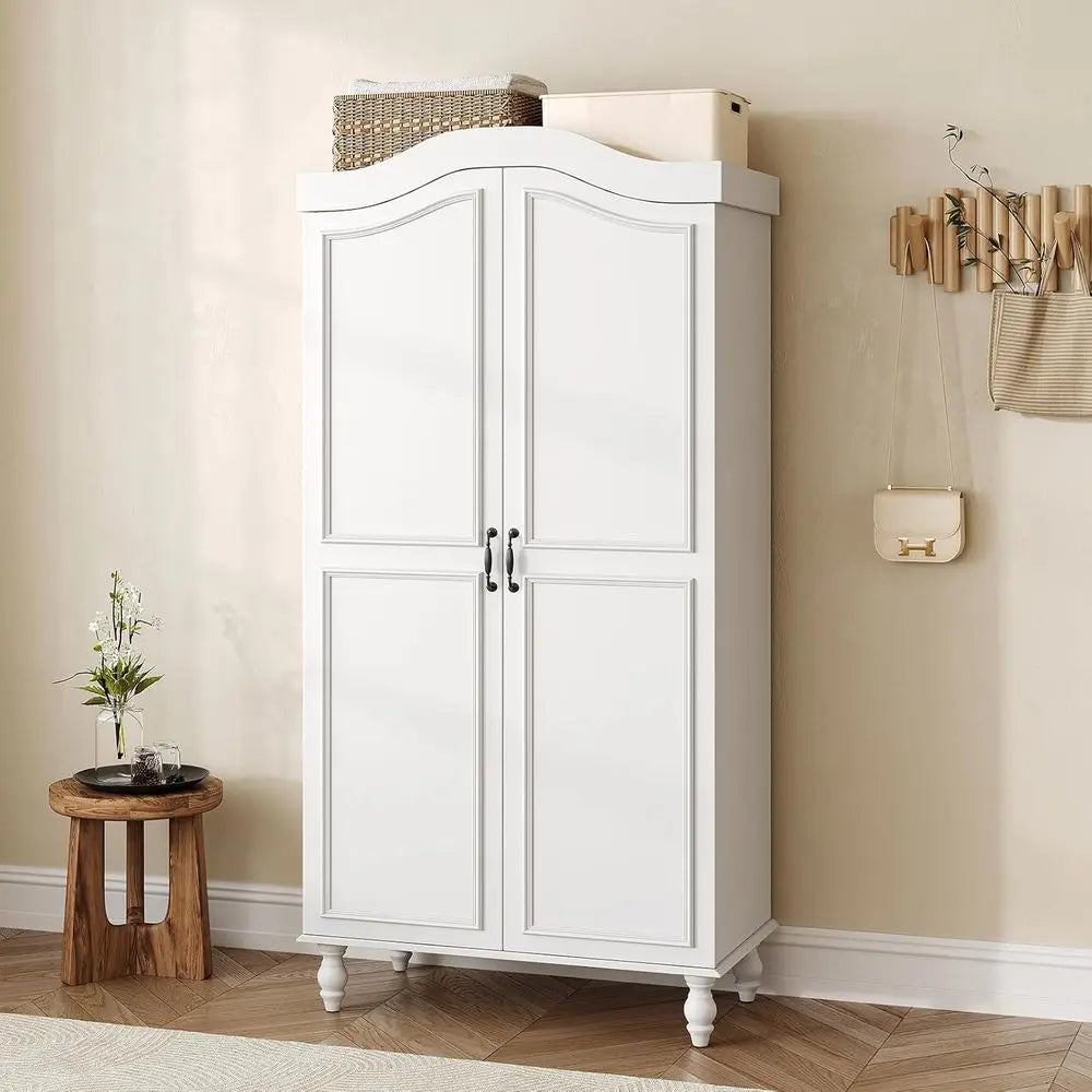 71 High Wooden Armoire with 2 Doors, Hanging Rod & Shelves - White Storage Cabinet for Bedroom or Cloakroom